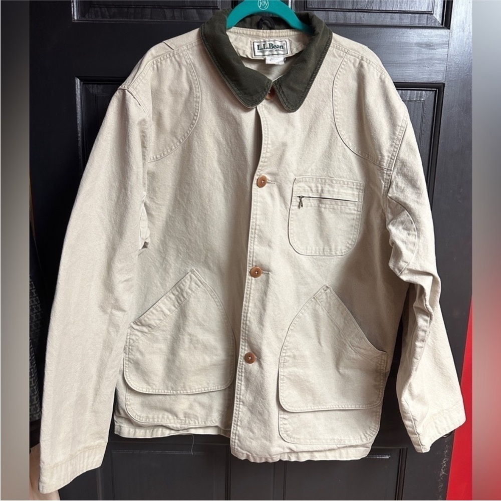 LL Bean Men’s XXL(?) Unlined Field Coat Tan Canvas Button Up Drk Green Collar